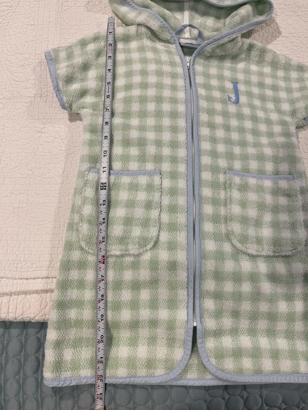 Lil Weezie Hooded Short Sleeve Terry Swim Coverup Light Green Blue Gingham J 5/6